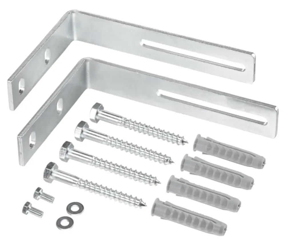 Wandhalterung aus Metall mit zwei Winkeln, darunter Schrauben und Dübel, produziert von Oventrop, für die Montage eines Verteilerbalkens.